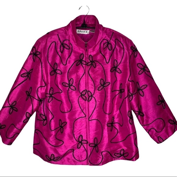 Anage Women’s Silk Fuchsia Pink Black Embroidered Full Zip Blazer Jacket Size 2X - Picture 2 of 15